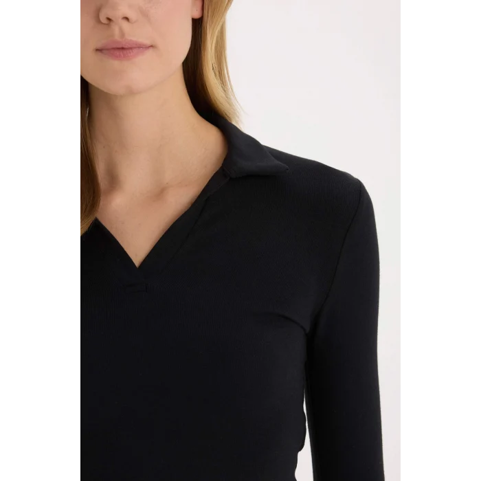 Defacto E7938 Siyah Fitted Polo Yaka Basic Düz Modal Uzun Kollu Tişört