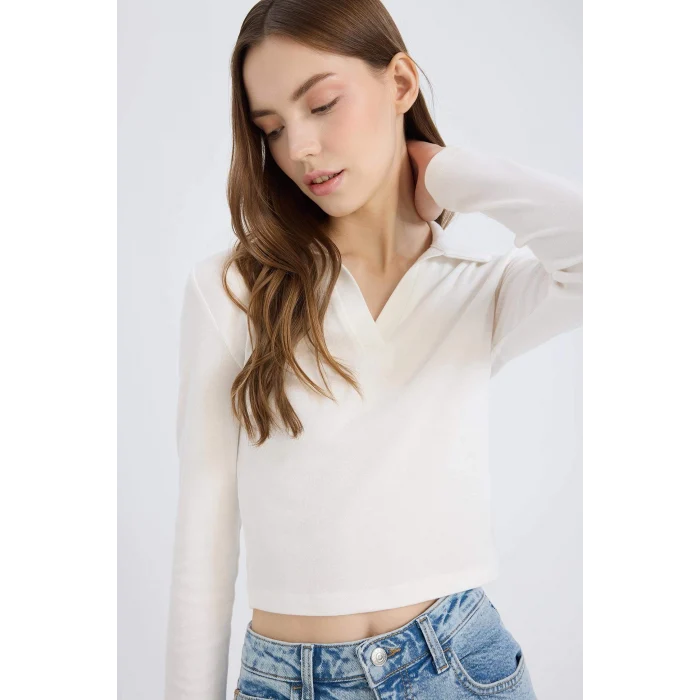 Defacto E7938 Beyaz Fitted Polo Yaka Basic Düz Modal Uzun Kollu Tişört