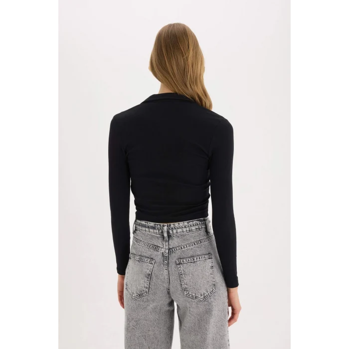 Defacto E7938 Siyah Fitted Polo Yaka Basic Düz Modal Uzun Kollu Tişört