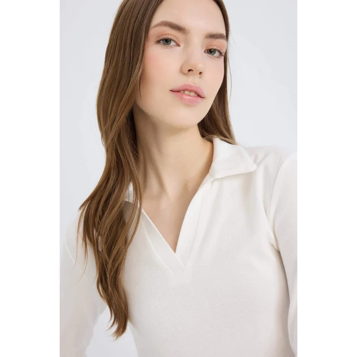 Defacto E7938 Beyaz Fitted Polo Yaka Basic Düz Modal Uzun Kollu Tişört