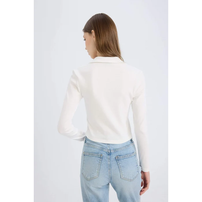 Defacto E7938 Beyaz Fitted Polo Yaka Basic Düz Modal Uzun Kollu Tişört
