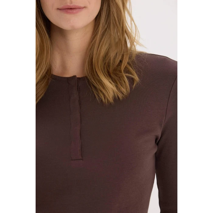 Defacto E7680 Kahve Coool Fitted Basic Düz Ribana Uzun Kollu Tişört