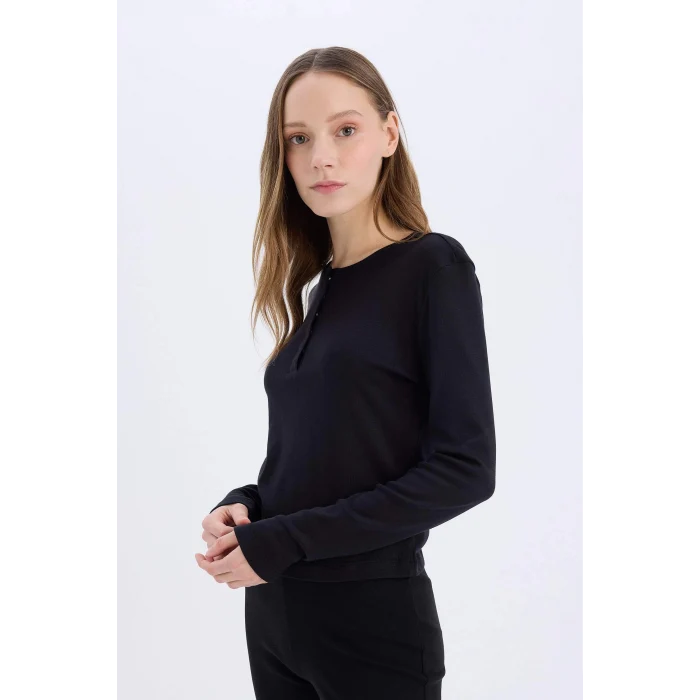 Defacto E7680 Siyah Coool Fitted Ribana Basic Düz Uzun Kollu Tişört