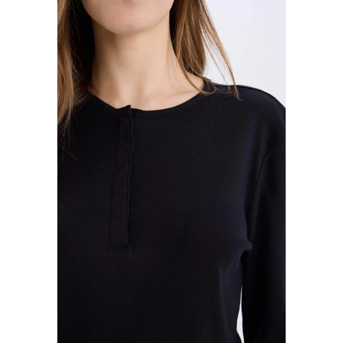 Defacto E7680 Siyah Coool Fitted Ribana Basic Düz Uzun Kollu Tişört
