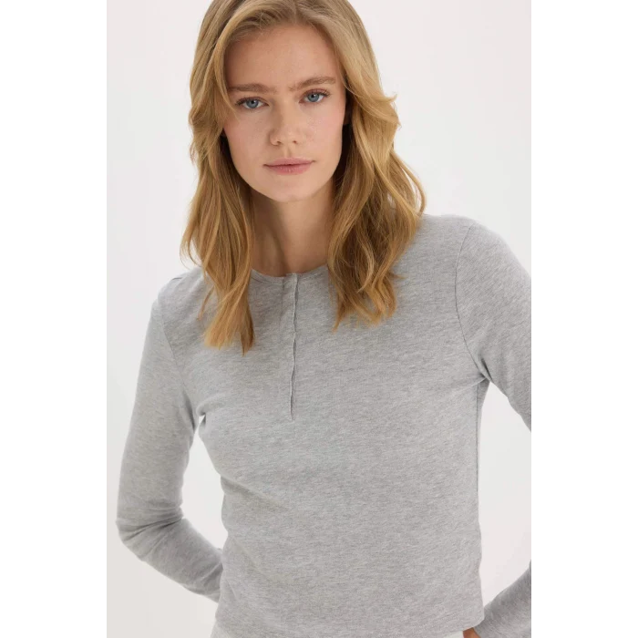 Defacto E7680 Gri Coool Fitted Düğmeli Yaka Ribana Uzun Kollu Tişört