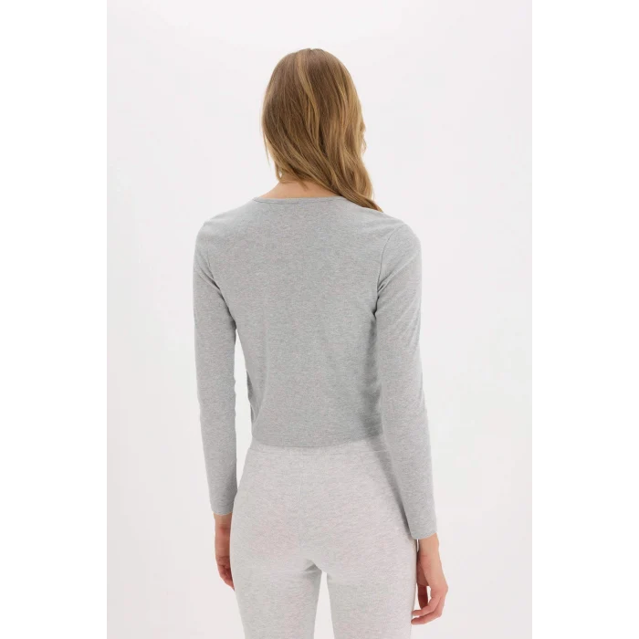 Defacto E7680 Gri Coool Fitted Düğmeli Yaka Ribana Uzun Kollu Tişört