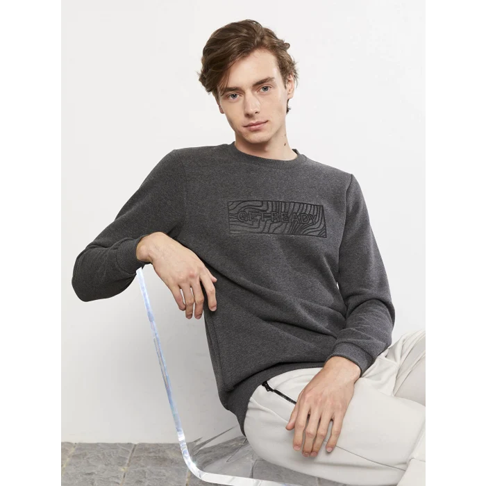 LCW Casual ANTRASİT Bisiklet Yaka Uzun Kollu Baskılı Erkek Kalın Sweatshirt