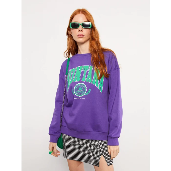 LCW Vision MOR Bisiklet Yaka Baskılı Kadın Kalın Sweatshirt