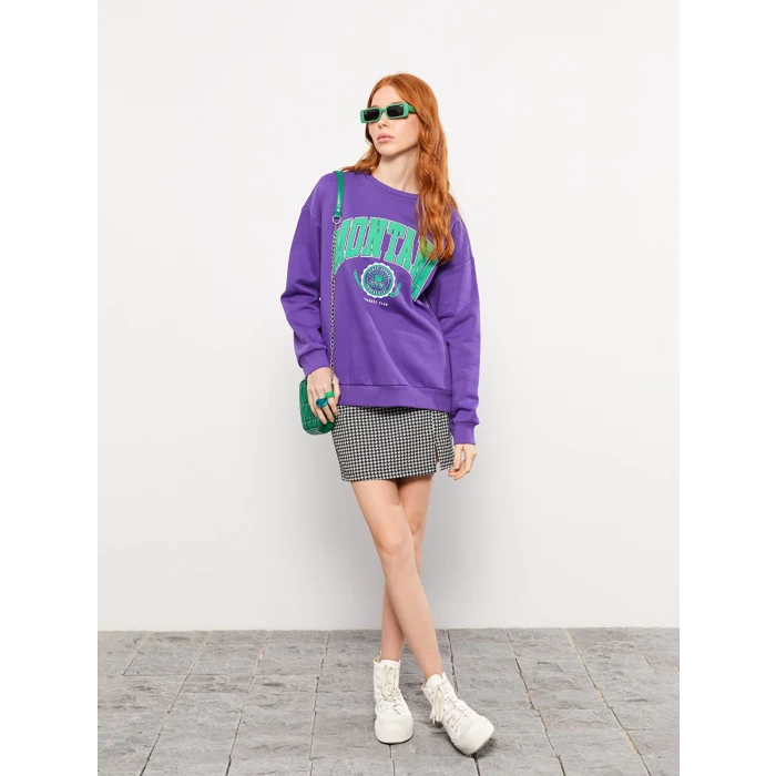 LCW Vision MOR Bisiklet Yaka Baskılı Kadın Kalın Sweatshirt