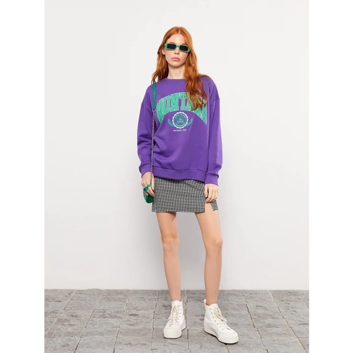LCW Vision MOR Bisiklet Yaka Baskılı Kadın Kalın Sweatshirt
