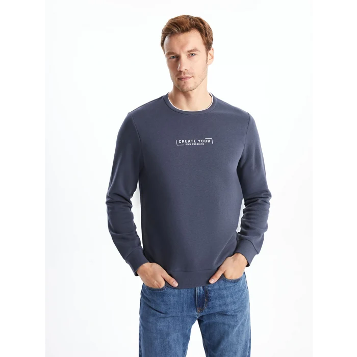 LCWAIKIKI Classic ANTRASİT Bisiklet Yaka Uzun Kollu Baskılı Erkek Kalın Sweatshirt