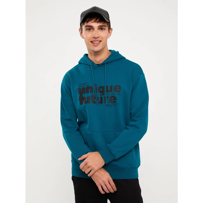 LCW Casual PETROL Uzun Kollu Baskılı Erkek Kalın Hoodie