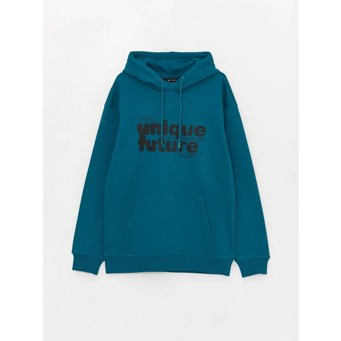 LCW Casual PETROL Uzun Kollu Baskılı Erkek Kalın Hoodie