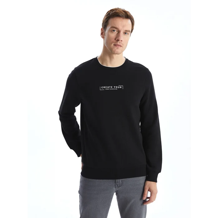 LCWAIKIKI Classic SİYAH Bisiklet Yaka Uzun Kollu Baskılı Erkek Kalın Sweatshirt