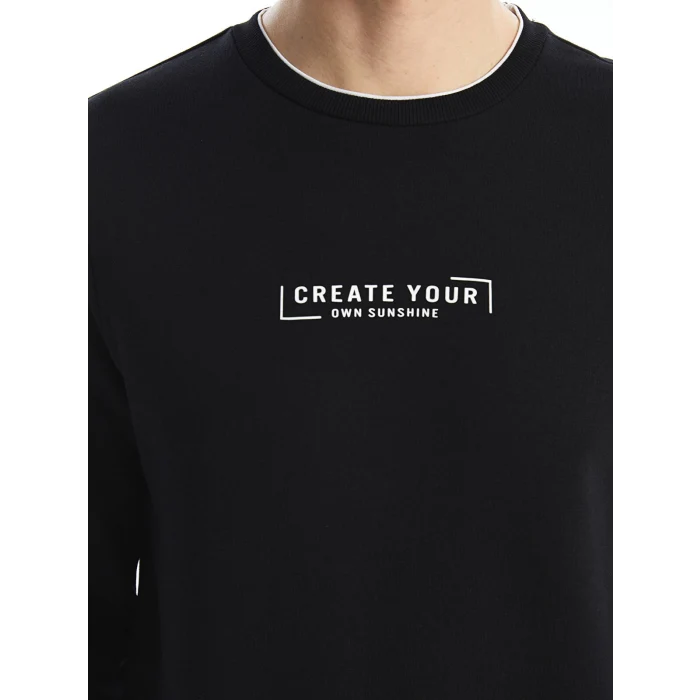 LCWAIKIKI Classic SİYAH Bisiklet Yaka Uzun Kollu Baskılı Erkek Kalın Sweatshirt