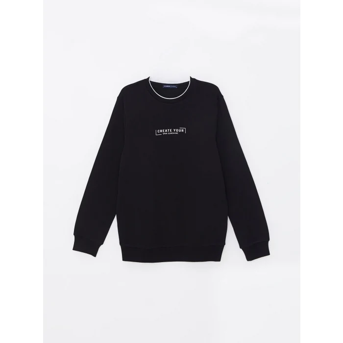 LCWAIKIKI Classic SİYAH Bisiklet Yaka Uzun Kollu Baskılı Erkek Kalın Sweatshirt