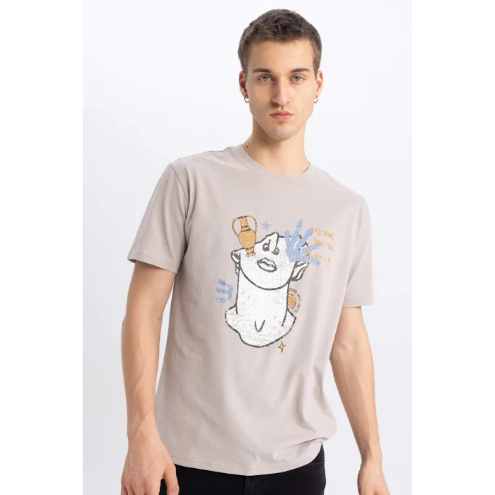 Defacto B4318 Gri Regular Fit Bisiklet Yaka Baskılı Kısa Kollu Tişört
