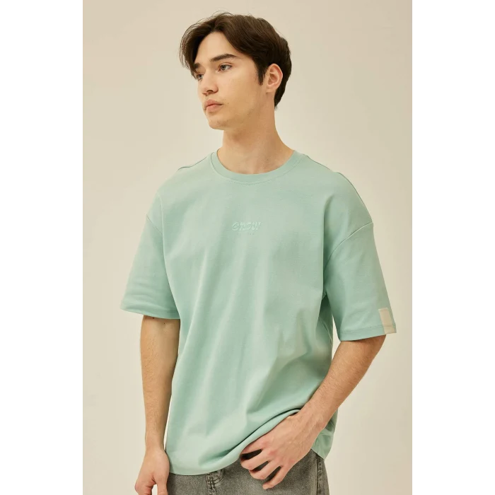 Defacto B4220 Yeşil Comfort Regular Fit Rahat Kalıp Bisiklet Yaka Baskılı Kısa Kollu Ağır Kumaş Tişört