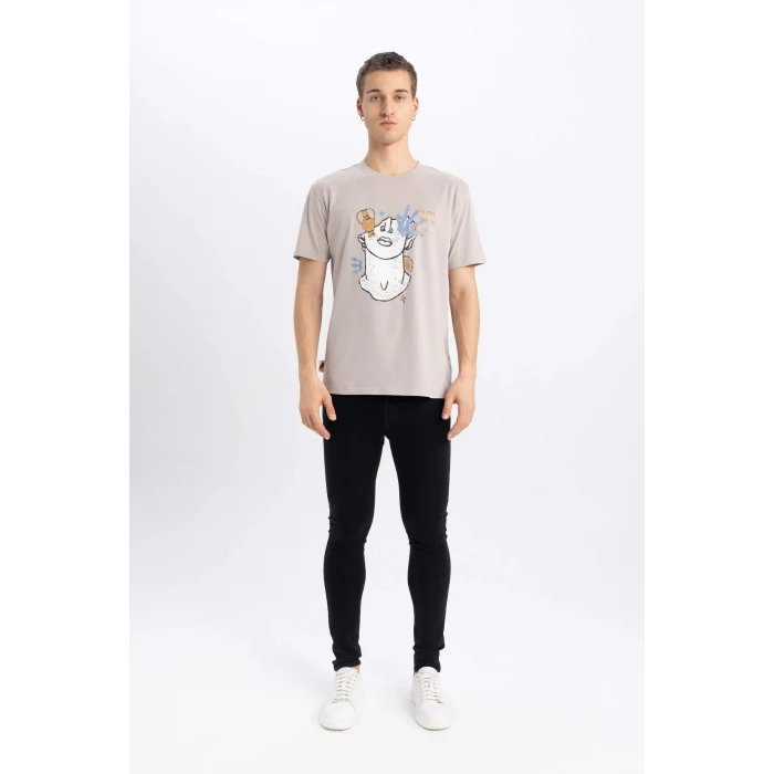 Defacto B4318 Gri Regular Fit Bisiklet Yaka Baskılı Kısa Kollu Tişört