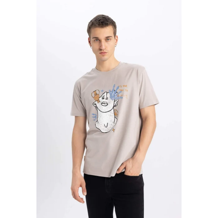 Defacto B4318 Gri Regular Fit Bisiklet Yaka Baskılı Kısa Kollu Tişört