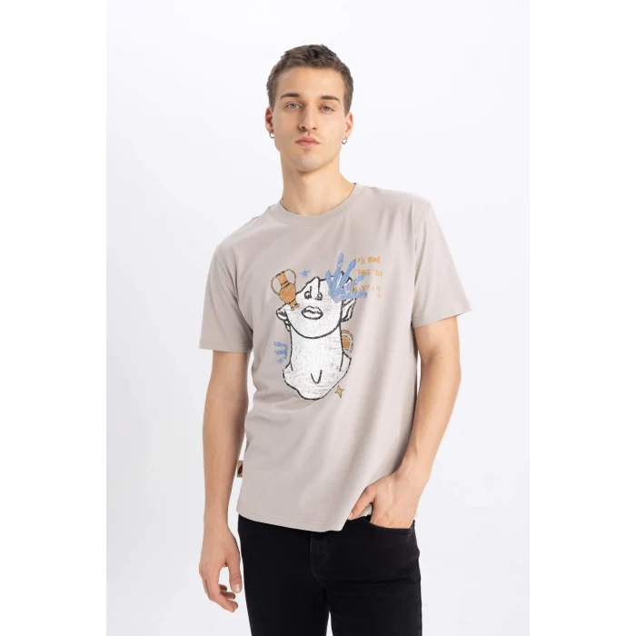 Defacto B4318 Gri Regular Fit Bisiklet Yaka Baskılı Kısa Kollu Tişört