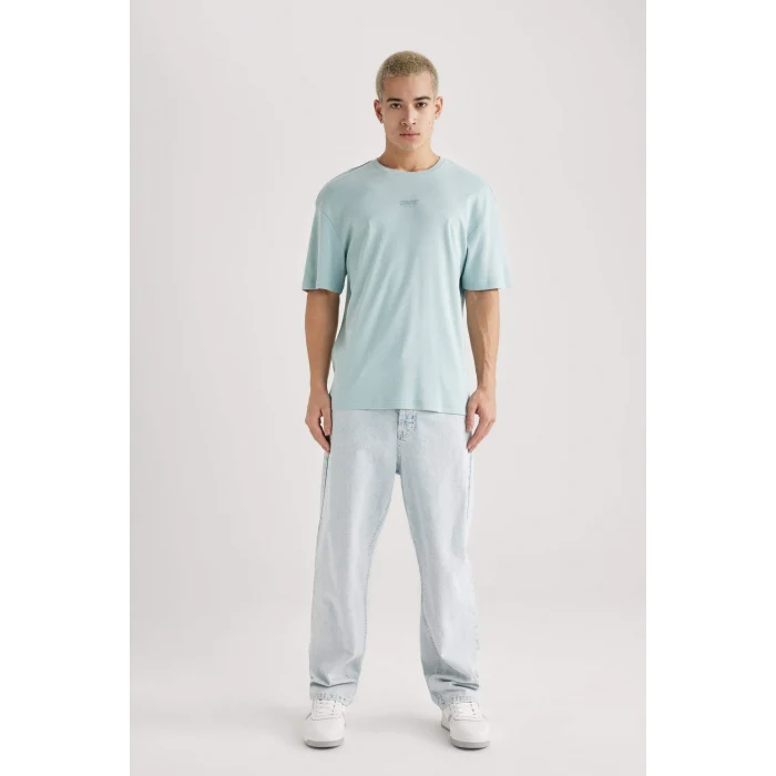 Defacto B4220 Yeşil Comfort Regular Fit Rahat Kalıp Bisiklet Yaka Baskılı Kısa Kollu Ağır Kumaş Tişört