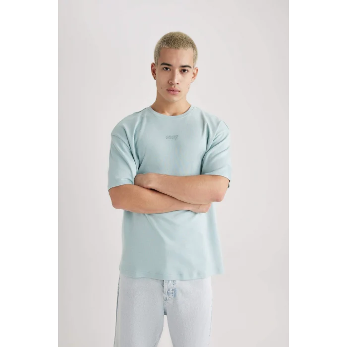 Defacto B4220 Yeşil Comfort Regular Fit Rahat Kalıp Bisiklet Yaka Baskılı Kısa Kollu Ağır Kumaş Tişört