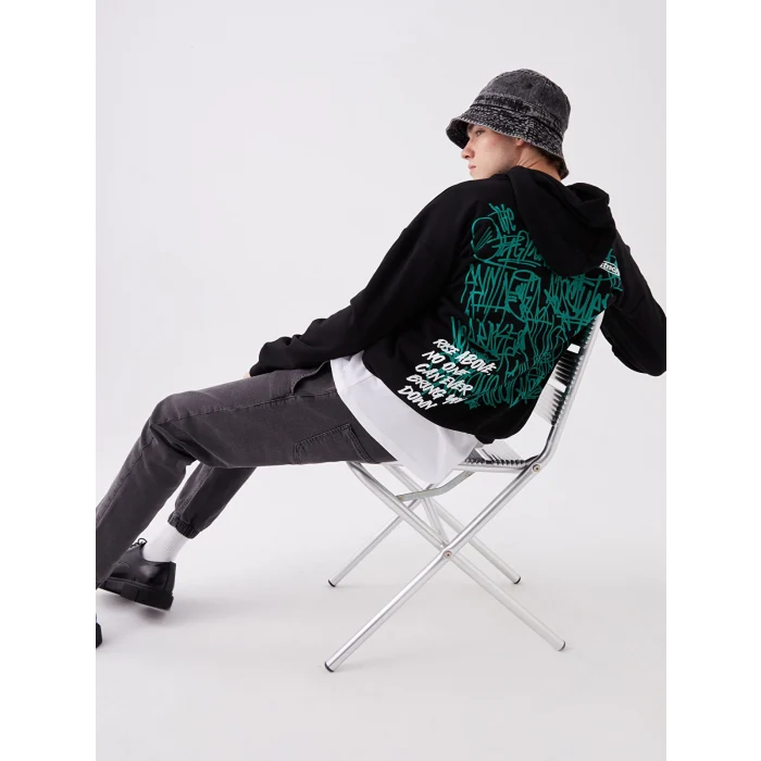 LCW Casual SİYAH Uzun Kollu Baskılı Erkek Hoodie