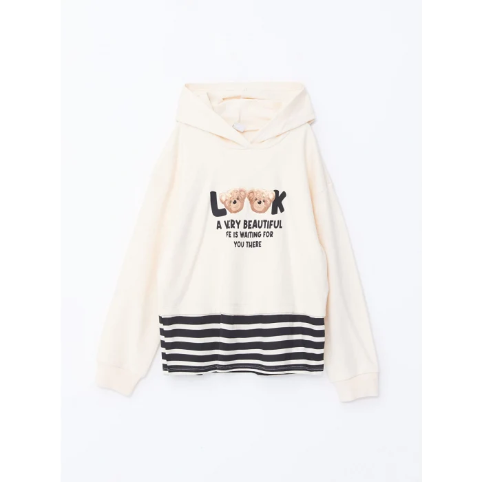 LCW Kids BEJ Kapüşonlu Baskılı Uzun Kollu Kız Çocuk Crop Sweatshirt