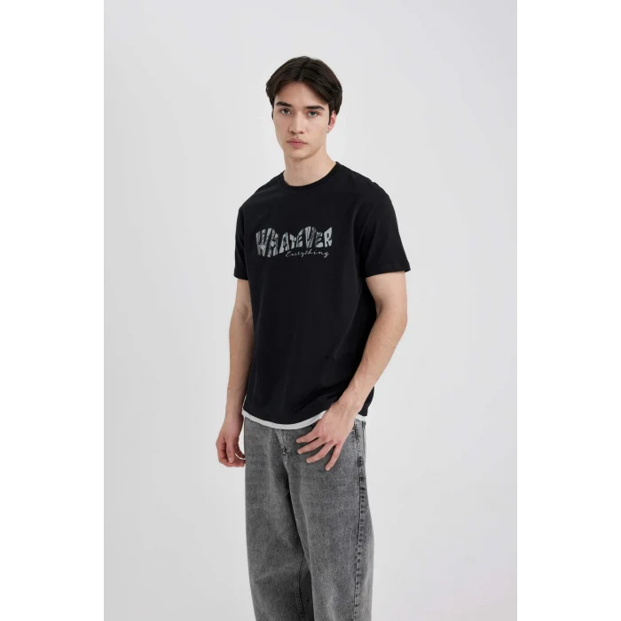 Defacto B8483 Siyah Regular Fit Bisiklet Yaka Baskılı Kısa Kollu Tişört