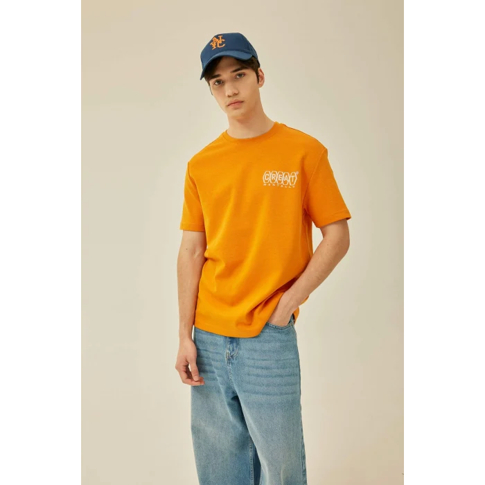 Defacto B4219 Turuncu Regular Fit Bisiklet Yaka Sırt Baskılı Kısa Kollu Ağır Kumaş Tişört