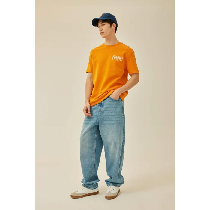 Defacto B4219 Turuncu Regular Fit Bisiklet Yaka Sırt Baskılı Kısa Kollu Ağır Kumaş Tişört