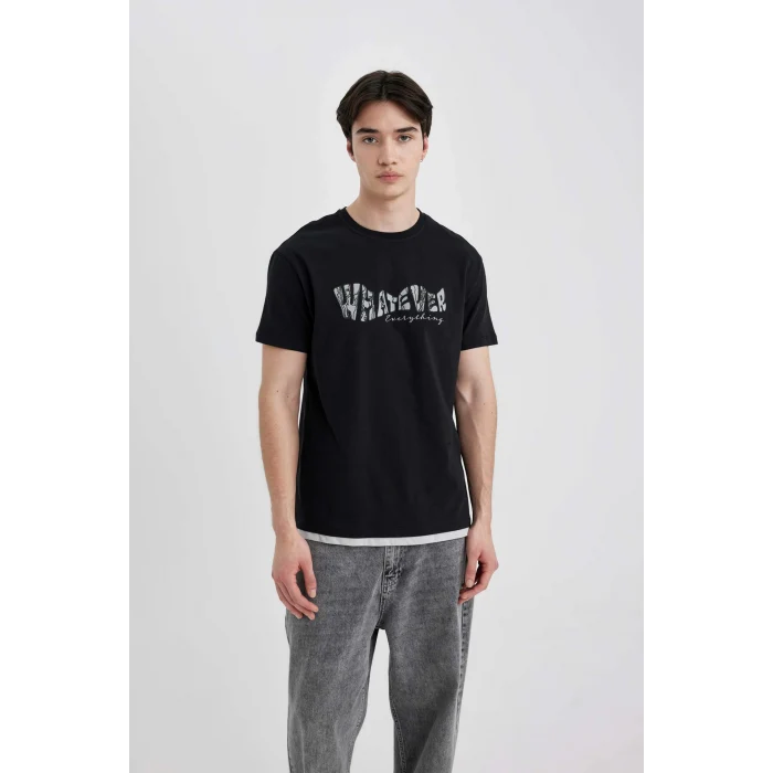 Defacto B8483 Siyah Regular Fit Bisiklet Yaka Baskılı Kısa Kollu Tişört