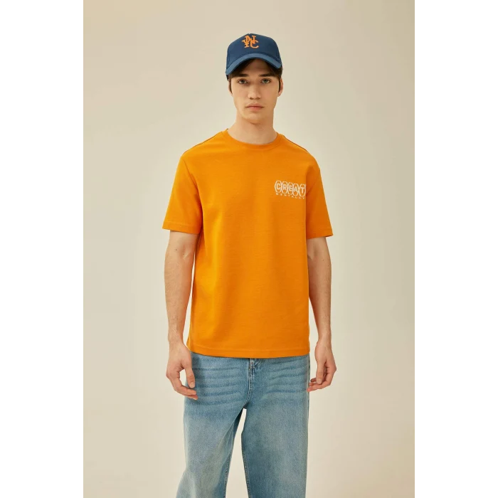 Defacto B4219 Turuncu Regular Fit Bisiklet Yaka Sırt Baskılı Kısa Kollu Ağır Kumaş Tişört
