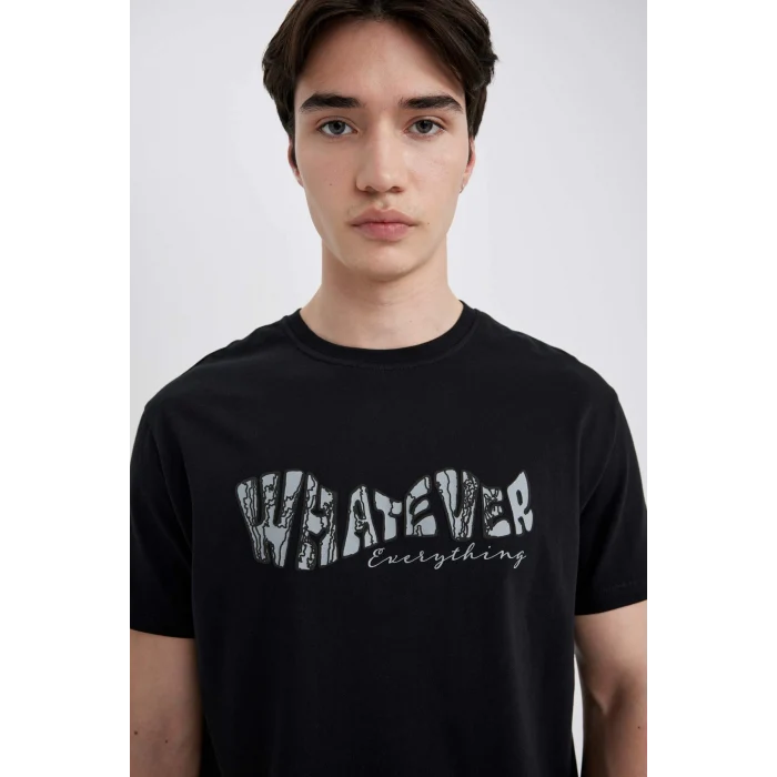 Defacto B8483 Siyah Regular Fit Bisiklet Yaka Baskılı Kısa Kollu Tişört