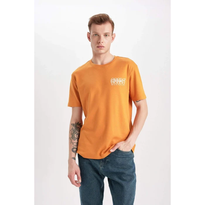 Defacto B4219 Turuncu Regular Fit Bisiklet Yaka Sırt Baskılı Kısa Kollu Ağır Kumaş Tişört
