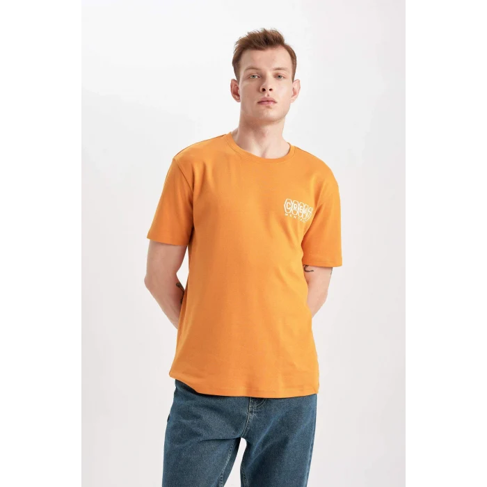Defacto B4219 Turuncu Regular Fit Bisiklet Yaka Sırt Baskılı Kısa Kollu Ağır Kumaş Tişört