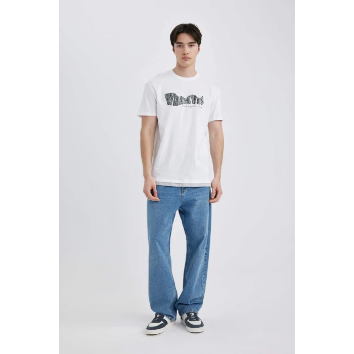 Defacto B8483 Beyaz Regular Fit Bisiklet Yaka Baskılı Kısa Kollu Tişört