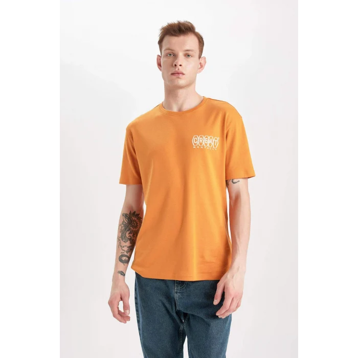Defacto B4219 Turuncu Regular Fit Bisiklet Yaka Sırt Baskılı Kısa Kollu Ağır Kumaş Tişört