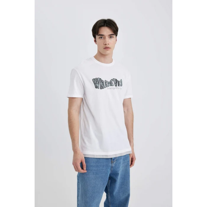Defacto B8483 Beyaz Regular Fit Bisiklet Yaka Baskılı Kısa Kollu Tişört