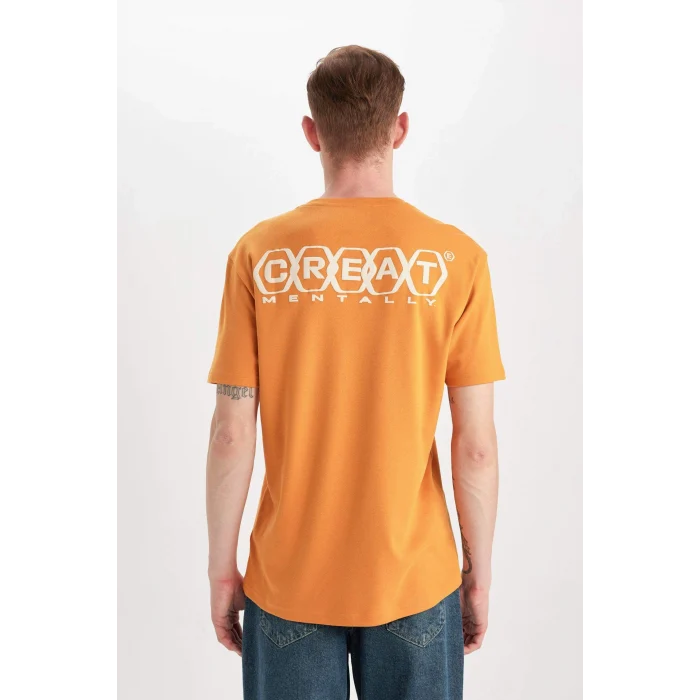 Defacto B4219 Turuncu Regular Fit Bisiklet Yaka Sırt Baskılı Kısa Kollu Ağır Kumaş Tişört