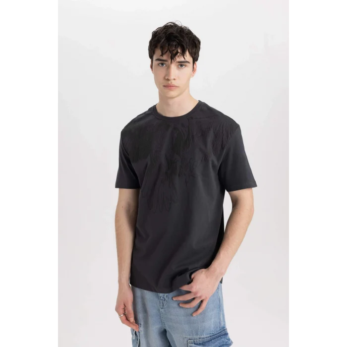 Defacto B8485 Antrasit Regular Fit Bisiklet Yaka Baskılı Kısa Kollu Tişört