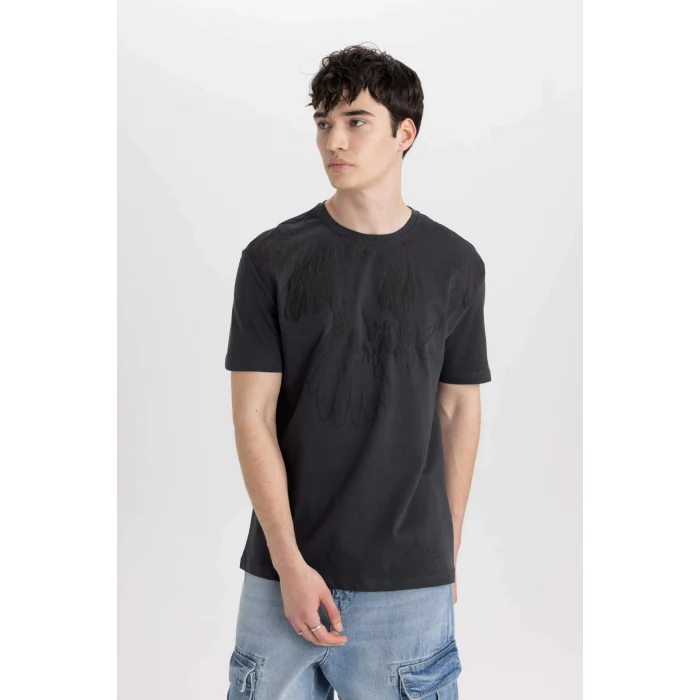 Defacto B8485 Antrasit Regular Fit Bisiklet Yaka Baskılı Kısa Kollu Tişört