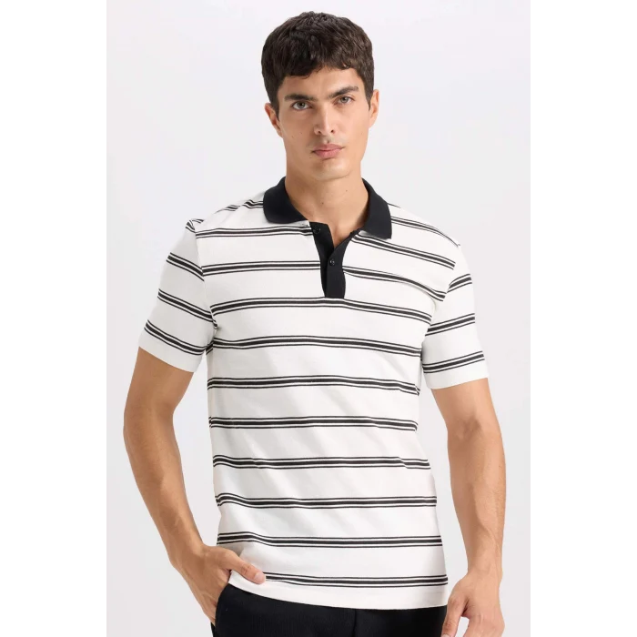 Defacto D4720 Beyaz Slim Fit Dar Kesim Çizgili Polo Tişört