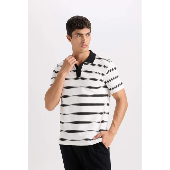 Defacto D4720 Beyaz Slim Fit Dar Kesim Çizgili Polo Tişört