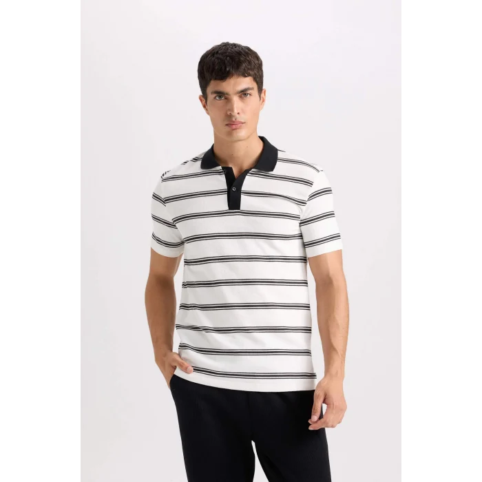 Defacto D4720 Beyaz Slim Fit Dar Kesim Çizgili Polo Tişört