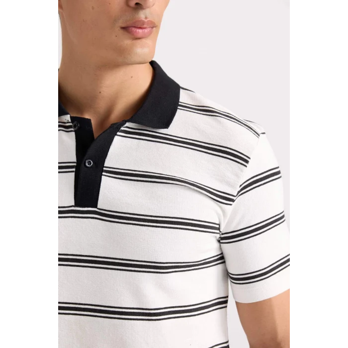 Defacto D4720 Beyaz Slim Fit Dar Kesim Çizgili Polo Tişört
