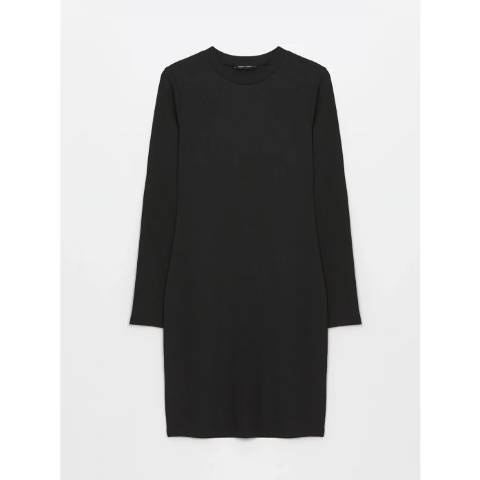 LCW Vision SİYAH Bisiklet Yaka Düz Uzun Kollu Kadın Elbise