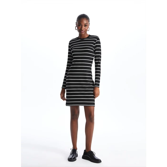 LCW Vision SİYAH Bisiklet Yaka Çizgili Uzun Kollu Kadın Elbise