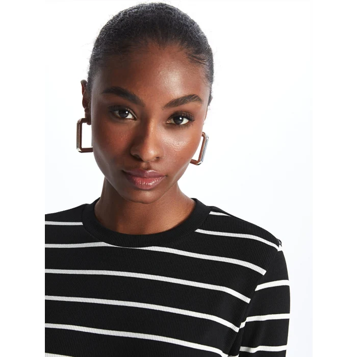 LCW Vision SİYAH Bisiklet Yaka Çizgili Uzun Kollu Kadın Elbise